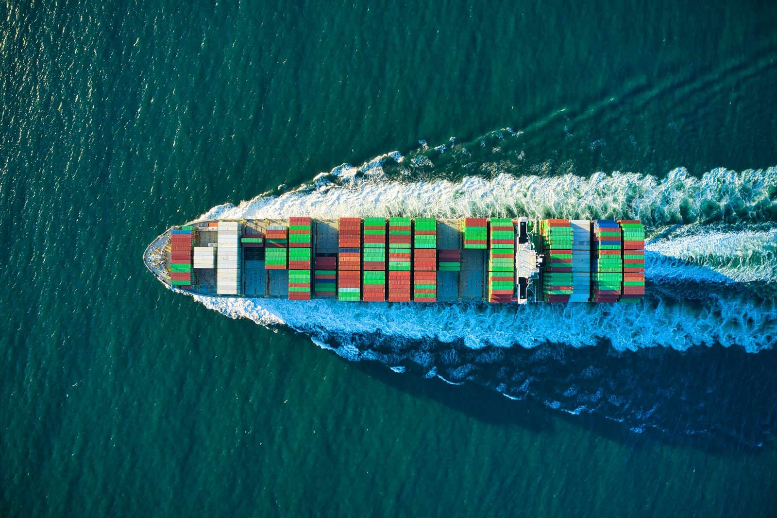 Aerial view of a container ship under way at sea